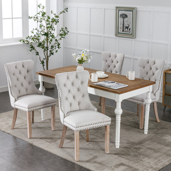 English Elm Nikki Modern Tufted Flax Upholstered Dining Chair with Solid Wood Legs and Nailhead Trim, Set Beige W114368382