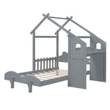 Hearth and Haven Troy Twin House Bed with Desk and Two Handles, Grey