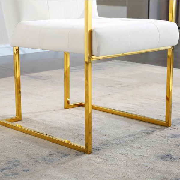 English Elm Modern Tufted Polyester Dining Arm Chair with Gold Stainless Sled Base Glam Retro Beige W1241123373