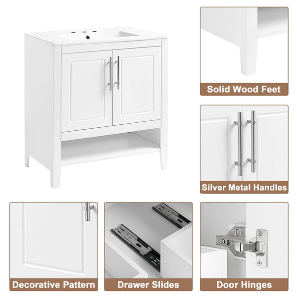 English Elm 30" Modern Bathroom Vanity with Ceramic Sink, Solid Wood & MDF, 2 Doors 2 Drawers Open Shelf (97) WF308203AAK
