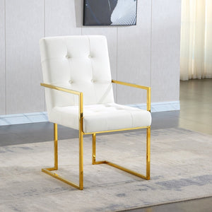 English Elm Modern Tufted Polyester Dining Arm Chair with Gold Stainless Sled Base Glam Retro Beige W1241123373