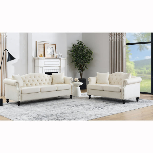 English Elm 3-Seater Luxurious Beige Velvet Sofa Set - Plush Comfort With Durable Frame & 4 Accent Pillows W834S00404