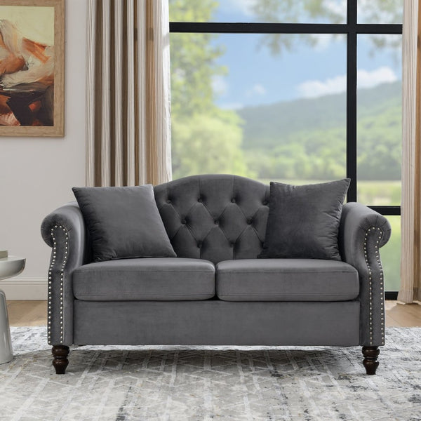 English Elm 57" Chesterfield Velvet Tufted Sofa with Nailhead Trim and Rolled Arms for Small Spaces Grey W834S00598