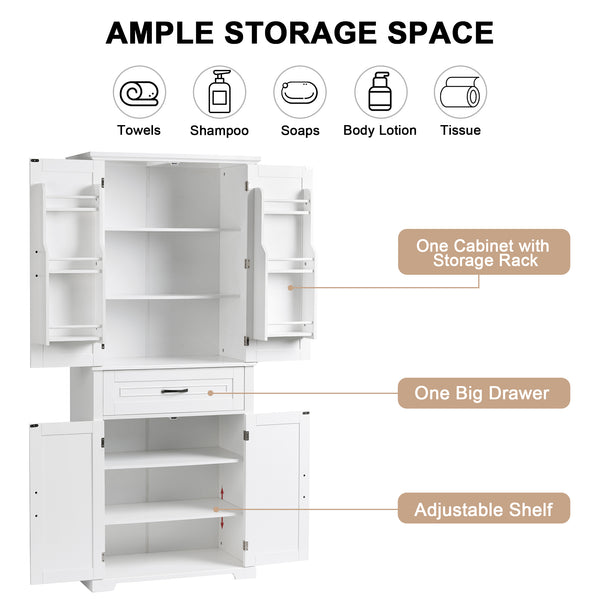 English Elm Bathroom Tall Storage Cabinet with Doors Drawer and Adjustable Shelf, MDF Build, Metal Handles, Anti-Tip Safety White WF308204AAK
