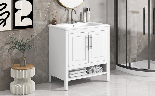 English Elm 30" Modern Bathroom Vanity with Ceramic Sink, Solid Wood & MDF, 2 Doors 2 Drawers Open Shelf (97) WF308203AAK