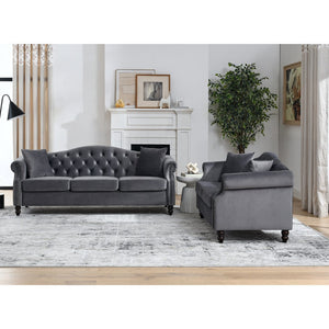 English Elm 3-Seater Grey Velvet Sofa Set With 2-Seater, 4 Pillows, Modern Design For Living Rooms & Lounges W834S00403