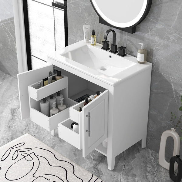 English Elm 30" Modern Bathroom Vanity with Ceramic Sink, Solid Wood & MDF, 2 Doors 2 Drawers Open Shelf (97) WF308203AAK