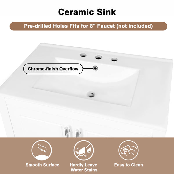 English Elm 30" Modern Bathroom Vanity with Ceramic Sink, Solid Wood & MDF, 2 Doors 2 Drawers Open Shelf (97) WF308203AAK