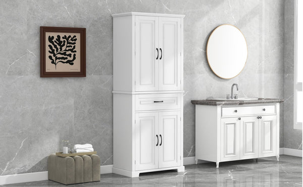 English Elm Bathroom Tall Storage Cabinet with Doors Drawer and Adjustable Shelf, MDF Build, Metal Handles, Anti-Tip Safety White WF308204AAK