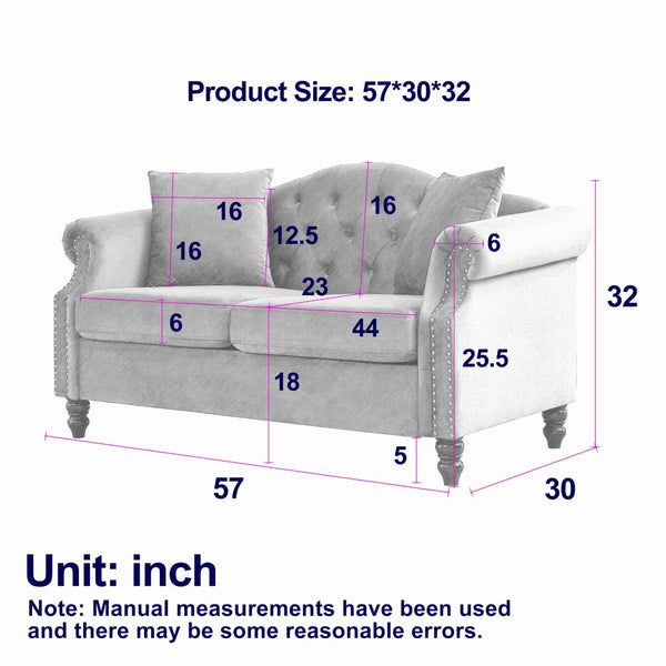 English Elm 57" Chesterfield Velvet Tufted Sofa with Nailhead Trim and Rolled Arms for Small Spaces Grey W834S00598