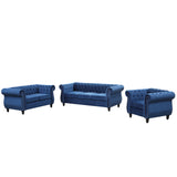 English Elm Modern Three-Piece Sofa Set With Solid Wood Legs, Button-Down Tufted Backrest, Dutch Velvet Upholstered Sofa Set Including Three-Seater Sofa, Two-Seater and Living Room Furniture Set Single Chair