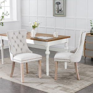English Elm Nikki Modern Tufted Flax Upholstered Dining Chair with Solid Wood Legs and Nailhead Trim, Set Beige W114368382