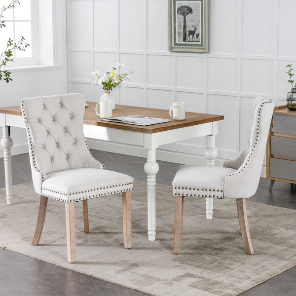English Elm Nikki Modern Tufted Flax Upholstered Dining Chair with Solid Wood Legs and Nailhead Trim, Set Beige W114368382