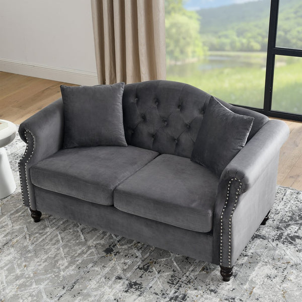 English Elm 57" Chesterfield Sofa Velvet 2-Seater Tufted Design with Rolled Arms, Nailhead Trim, Solid Wood Legs Grey W834S00120