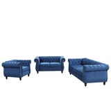 English Elm Modern Three-Piece Sofa Set With Solid Wood Legs, Button-Down Tufted Backrest, Dutch Velvet Upholstered Sofa Set Including Three-Seater Sofa, Two-Seater and Living Room Furniture Set Single Chair