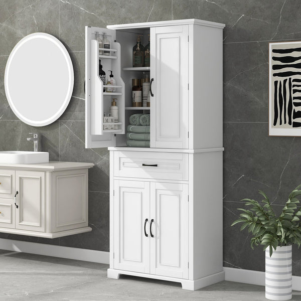English Elm Bathroom Tall Storage Cabinet with Doors Drawer and Adjustable Shelf, MDF Build, Metal Handles, Anti-Tip Safety White WF308204AAK