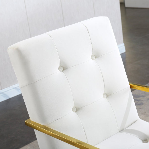 English Elm Modern Tufted Polyester Dining Arm Chair with Gold Stainless Sled Base Glam Retro Beige W1241123373