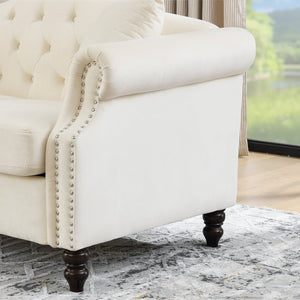 English Elm 57" Chesterfield Sofa Velvet 2-Seater Tufted Design with Rolled Arms, Nailhead Trim, Solid Wood Legs Beige W834S00119