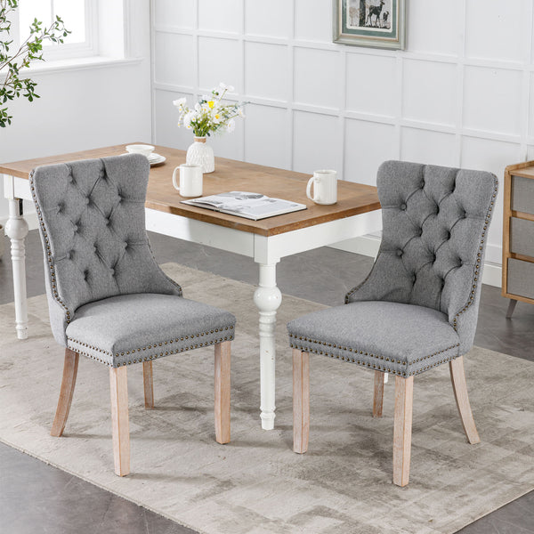 English Elm Nikki Modern Tufted Flax Upholstered Dining Chair with Solid Wood Legs and Nailhead Trim, Set Gray W114368384