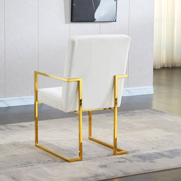 English Elm Modern Tufted Polyester Dining Arm Chair with Gold Stainless Sled Base Glam Retro Beige W1241123373