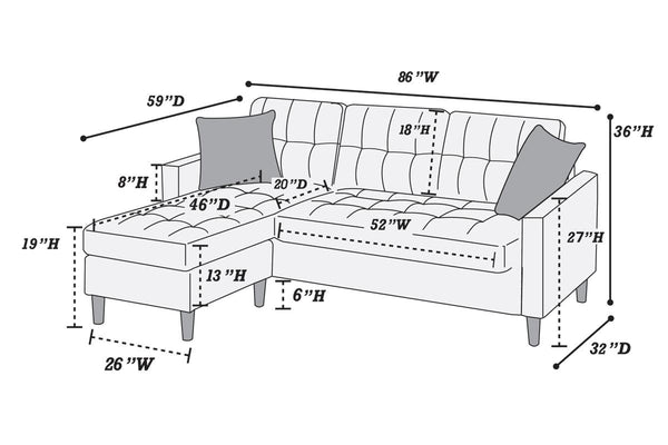 English Elm Blue 2-Piece Reversible Sectional Sofa in Blue Grey Linen-Like Polyfiber with Tufted Back, Pillows, Modular Design and Pegged Legs B01149144