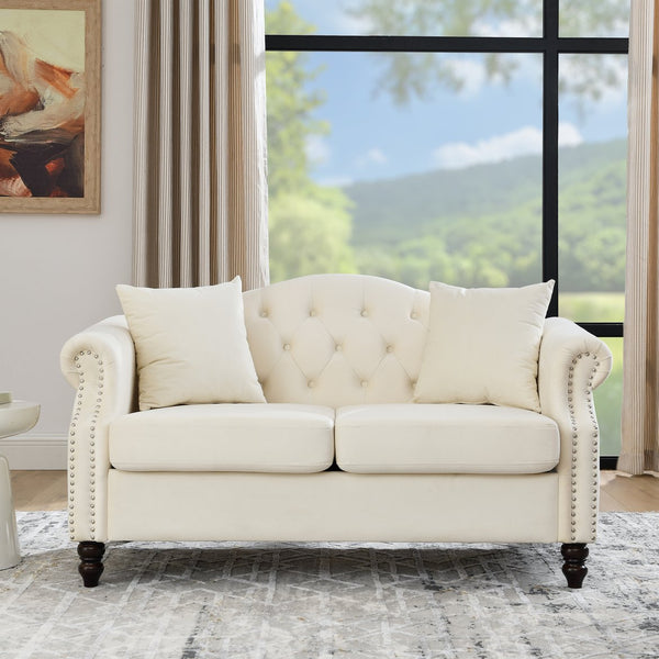 English Elm 57" Chesterfield Sofa Velvet 2-Seater Tufted Design with Rolled Arms, Nailhead Trim, Solid Wood Legs Beige W834S00119