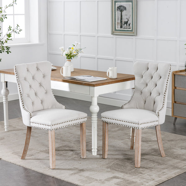 English Elm Nikki Modern Tufted Flax Upholstered Dining Chair with Solid Wood Legs and Nailhead Trim, Set Beige W114368382