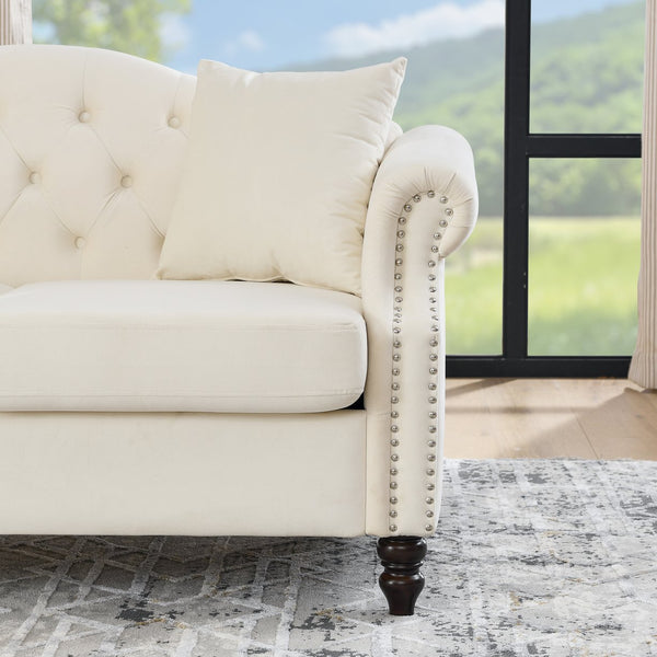 English Elm 57" Chesterfield Sofa Velvet 2-Seater Tufted Design with Rolled Arms, Nailhead Trim, Solid Wood Legs Beige W834S00119
