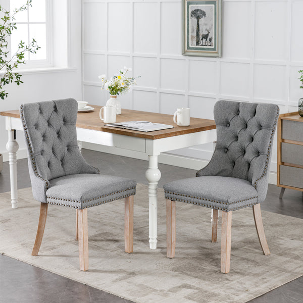 English Elm Nikki Modern Tufted Flax Upholstered Dining Chair with Solid Wood Legs and Nailhead Trim, Set Gray W114368384