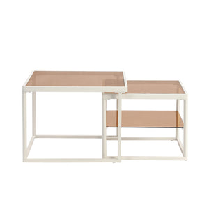 English Elm On-trend Nesting Coffee Table Set Brown Tempered Glass Tops White Metal Living Room WF307975AAK