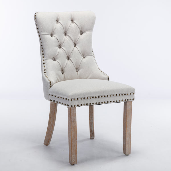 English Elm Nikki Modern Tufted Flax Upholstered Dining Chair with Solid Wood Legs and Nailhead Trim, Set Beige W114368382