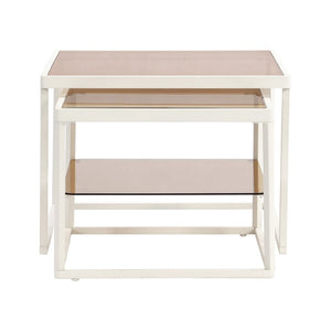 English Elm On-trend Nesting Coffee Table Set Brown Tempered Glass Tops White Metal Living Room WF307975AAK