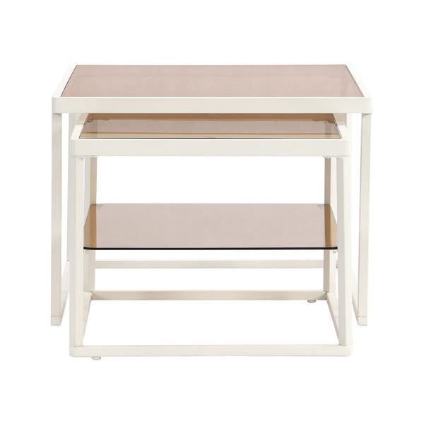 English Elm On-trend Nesting Coffee Table Set Brown Tempered Glass Tops White Metal Living Room WF307975AAK