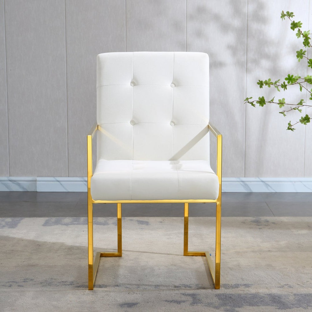 English Elm Modern Tufted Polyester Dining Arm Chair with Gold Stainless Sled Base Glam Retro Beige W1241123373
