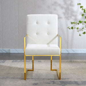 English Elm Modern Tufted Polyester Dining Arm Chair with Gold Stainless Sled Base Glam Retro Beige W1241123373