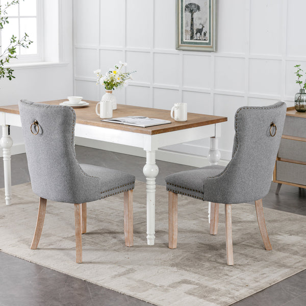 English Elm Nikki Modern Tufted Flax Upholstered Dining Chair with Solid Wood Legs and Nailhead Trim, Set Gray W114368384
