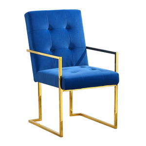 English Elm Modern Tufted Polyester Dining Arm Chair with Gold Stainless Sled Base Glam Retro Blue W1241123374