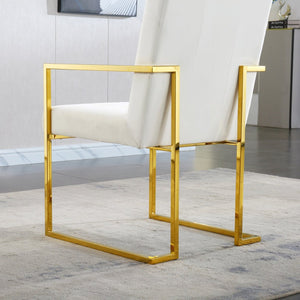 English Elm Modern Tufted Polyester Dining Arm Chair with Gold Stainless Sled Base Glam Retro Beige W1241123373
