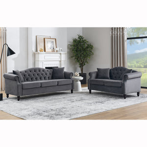 English Elm 3-Seater Grey Velvet Sofa Set With 2-Seater, 4 Pillows, Modern Design For Living Rooms & Lounges W834S00403