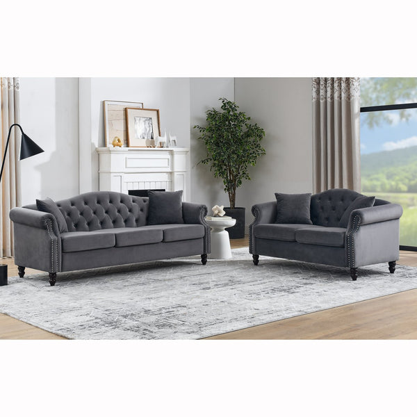 English Elm 3-Seater Grey Velvet Sofa Set With 2-Seater, 4 Pillows, Modern Design For Living Rooms & Lounges W834S00403