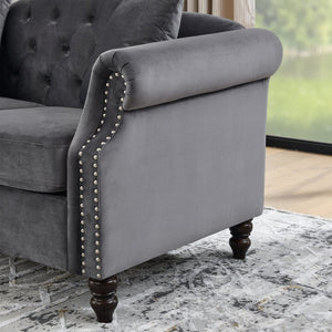 English Elm 57" Chesterfield Velvet Tufted Sofa with Nailhead Trim and Rolled Arms for Small Spaces Grey W834S00598