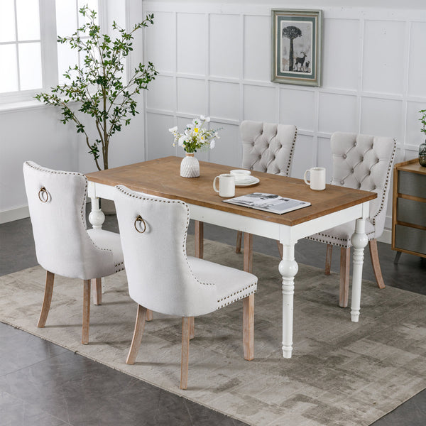 English Elm Nikki Modern Tufted Flax Upholstered Dining Chair with Solid Wood Legs and Nailhead Trim, Set Beige W114368382