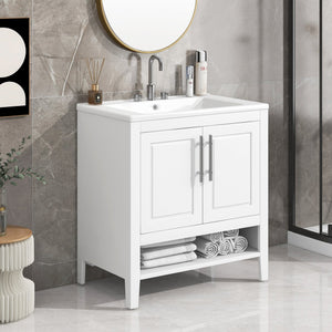English Elm 30" Modern Bathroom Vanity with Ceramic Sink, Solid Wood & MDF, 2 Doors 2 Drawers Open Shelf (97) WF308203AAK