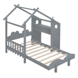Hearth and Haven Troy Twin House Bed with Desk and Two Handles, Grey