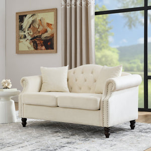 English Elm 57" Chesterfield Sofa Velvet 2-Seater Tufted Design with Rolled Arms, Nailhead Trim, Solid Wood Legs Beige W834S00119