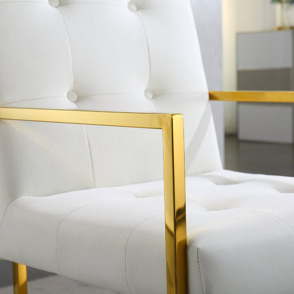 English Elm Modern Tufted Polyester Dining Arm Chair with Gold Stainless Sled Base Glam Retro Beige W1241123373