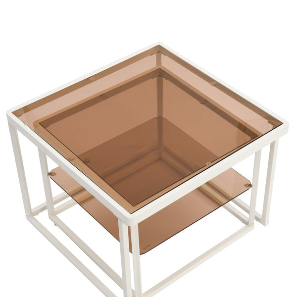 English Elm On-trend Nesting Coffee Table Set Brown Tempered Glass Tops White Metal Living Room WF307975AAK