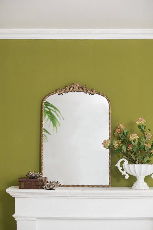 English Elm 24" X 36" Matte Gold Iron Arch Mirror Ornate Baroque Floral Frame Wall Accent W2078123418