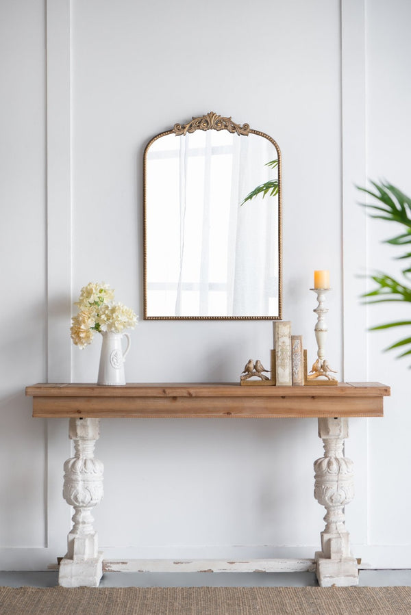 English Elm 24" X 36" Matte Gold Iron Arch Mirror Ornate Baroque Floral Frame Wall Accent W2078123418