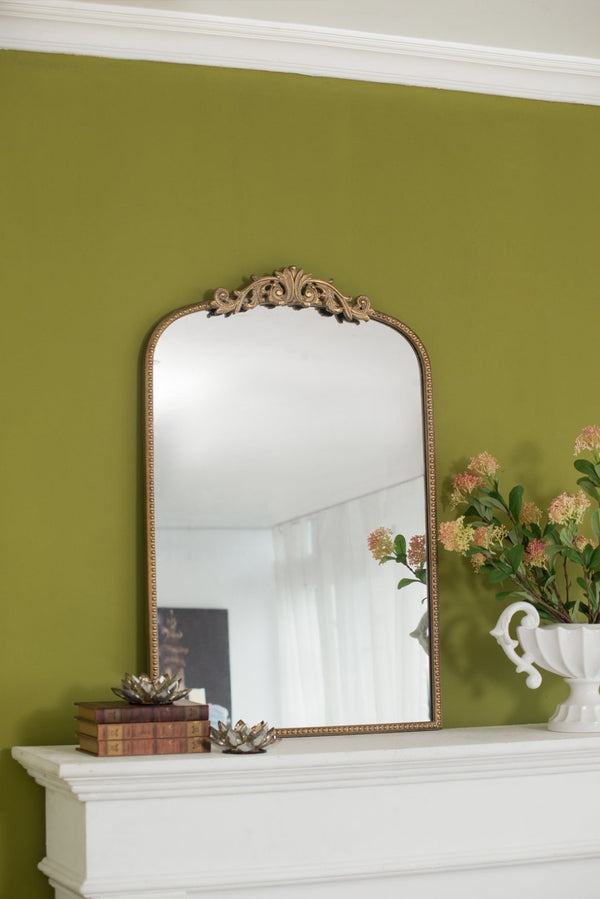 English Elm 24" X 36" Matte Gold Iron Arch Mirror Ornate Baroque Floral Frame Wall Accent W2078123418